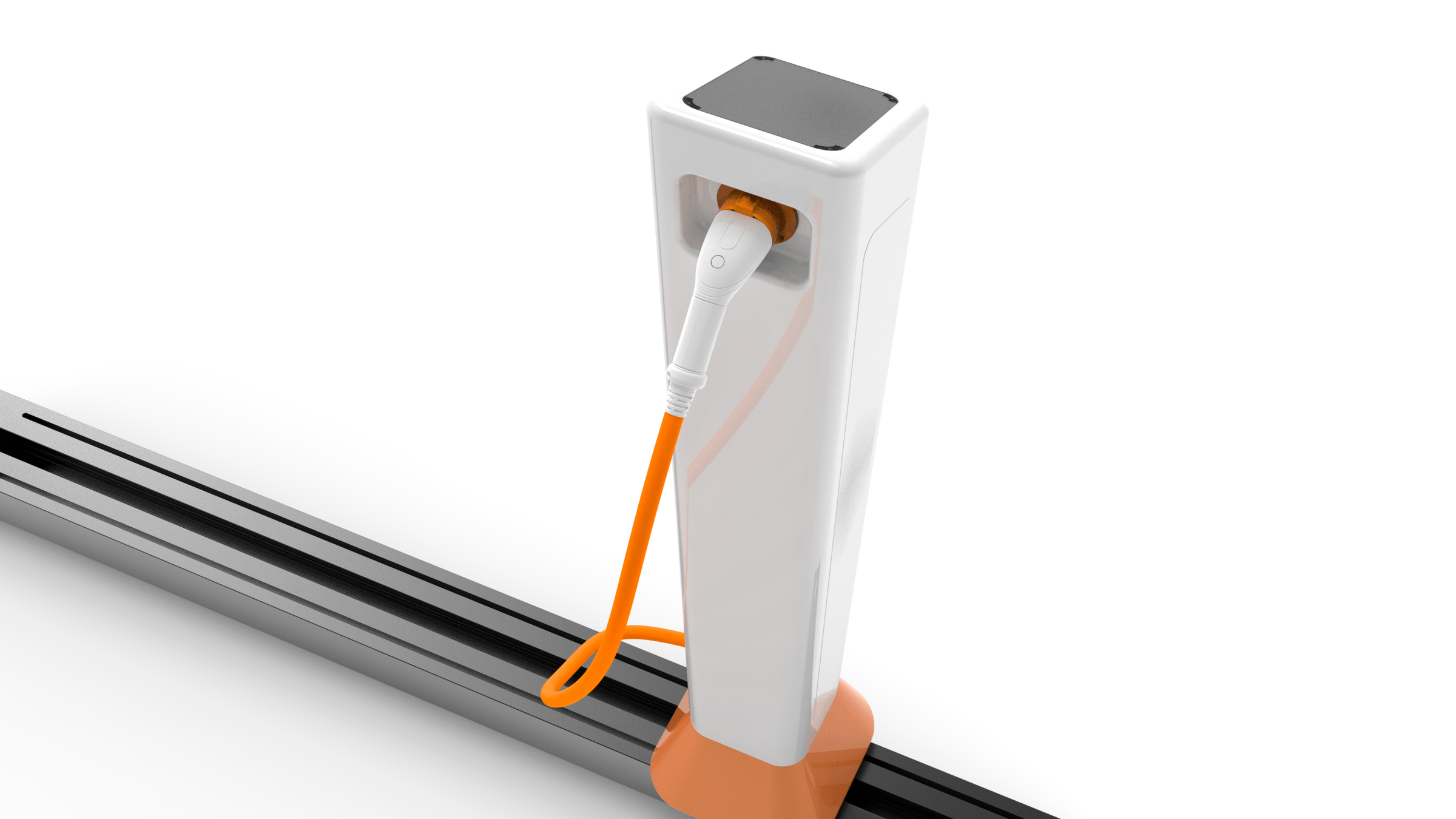 Carregador VivaGym amb el cable taronja connectat, muntat sobre el raïl