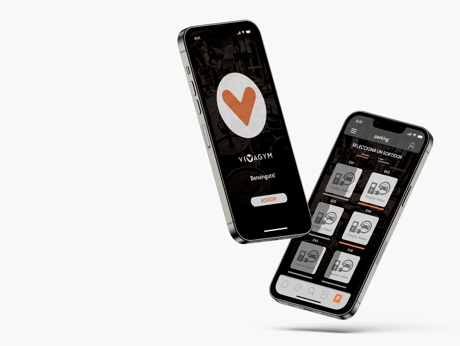 Dues pantalles de l'app VivaGym mostrant l'inici i la reserva d'aparcament