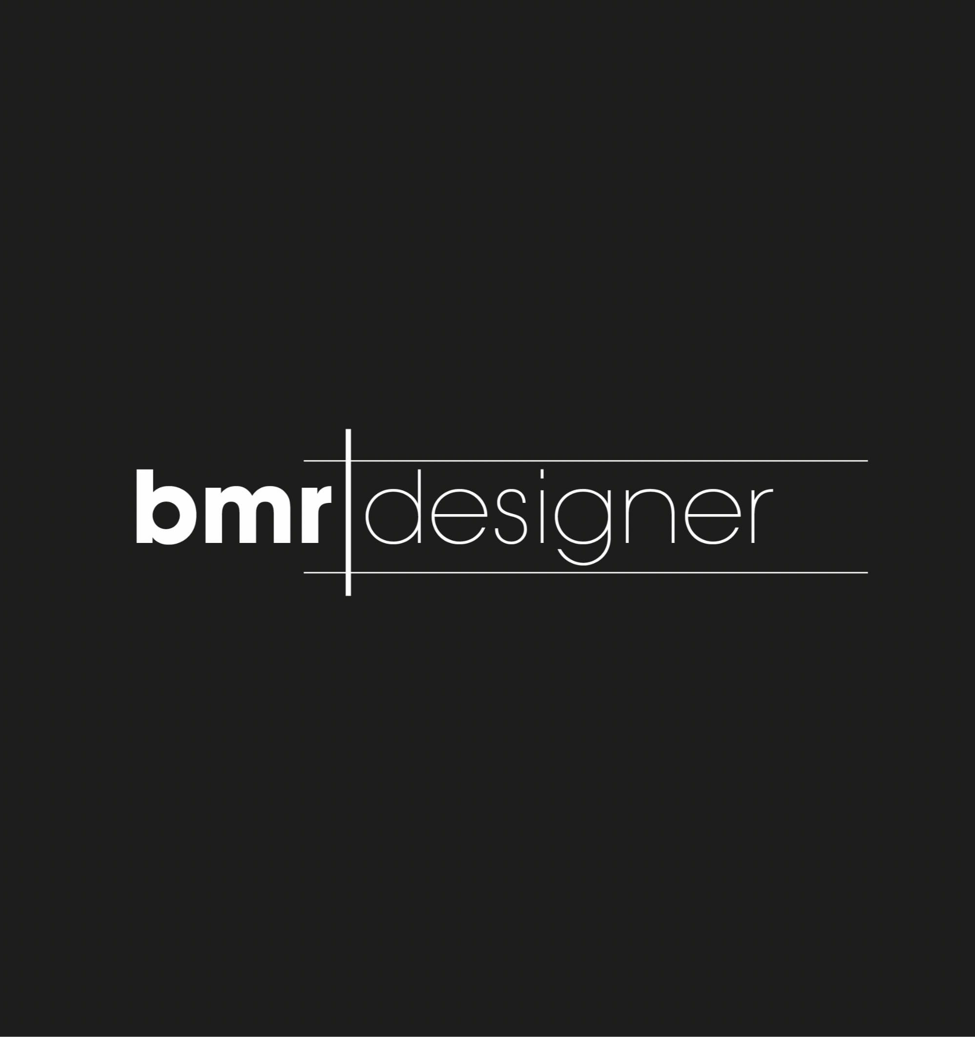 Logotip bmrdesigner en blanc sobre fons negre